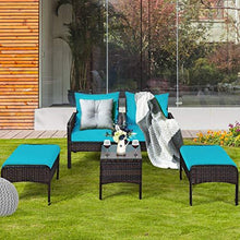 Load image into Gallery viewer, Tangkula Wicker Furniture Set 5 Pieces PE Wicker Rattan Outdoor All Weather Cushioned Sofas and Ottoman Set Lawn Pool Balcony Conversation Set Chat Set (Turquoise)
