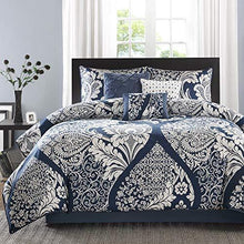 Load image into Gallery viewer, Madison Park Sateen Cotton Comforter Set-Traditional Luxe Design All Season Lightweight Bedding, Shams, Bedskirt, Decorative Pillows, King(104"x92"), Vienna, Damask Indigo 7 Piece
