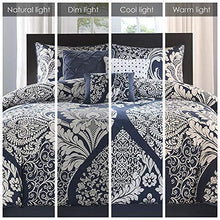 Load image into Gallery viewer, Madison Park Sateen Cotton Comforter Set-Traditional Luxe Design All Season Lightweight Bedding, Shams, Bedskirt, Decorative Pillows, King(104"x92"), Vienna, Damask Indigo 7 Piece

