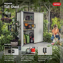 Load image into Gallery viewer, Keter Premier Tall Resin Outdoor Storage Shed with Shelving Brackets for Patio Furniture, Pool Accessories, and Bikes, Grey &amp; Black
