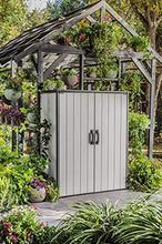 Load image into Gallery viewer, Keter Premier Tall Resin Outdoor Storage Shed with Shelving Brackets for Patio Furniture, Pool Accessories, and Bikes, Grey &amp; Black
