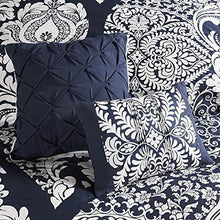 Load image into Gallery viewer, Madison Park Sateen Cotton Comforter Set-Traditional Luxe Design All Season Lightweight Bedding, Shams, Bedskirt, Decorative Pillows, King(104"x92"), Vienna, Damask Indigo 7 Piece
