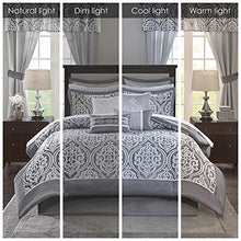 Load image into Gallery viewer, Madison Park Essentials Jordan Cozy Room in A Bag Comforter &amp; Complete Sheet Set, Window Treatment, Luxe Jacquard Damask Print, All Season Bedding, Pillows, Queen(90"x90"), Grey 24 Piece
