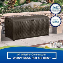 Load image into Gallery viewer, Suncast 99 Gallon Resin Wicker Patio Outdoor Storage Container for Toys, Furniture Deck box, Mocha

