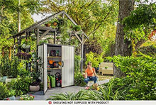 Load image into Gallery viewer, Keter Premier Tall Resin Outdoor Storage Shed with Shelving Brackets for Patio Furniture, Pool Accessories, and Bikes, Grey &amp; Black
