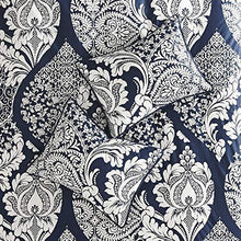Load image into Gallery viewer, Madison Park Sateen Cotton Comforter Set-Traditional Luxe Design All Season Lightweight Bedding, Shams, Bedskirt, Decorative Pillows, King(104"x92"), Vienna, Damask Indigo 7 Piece
